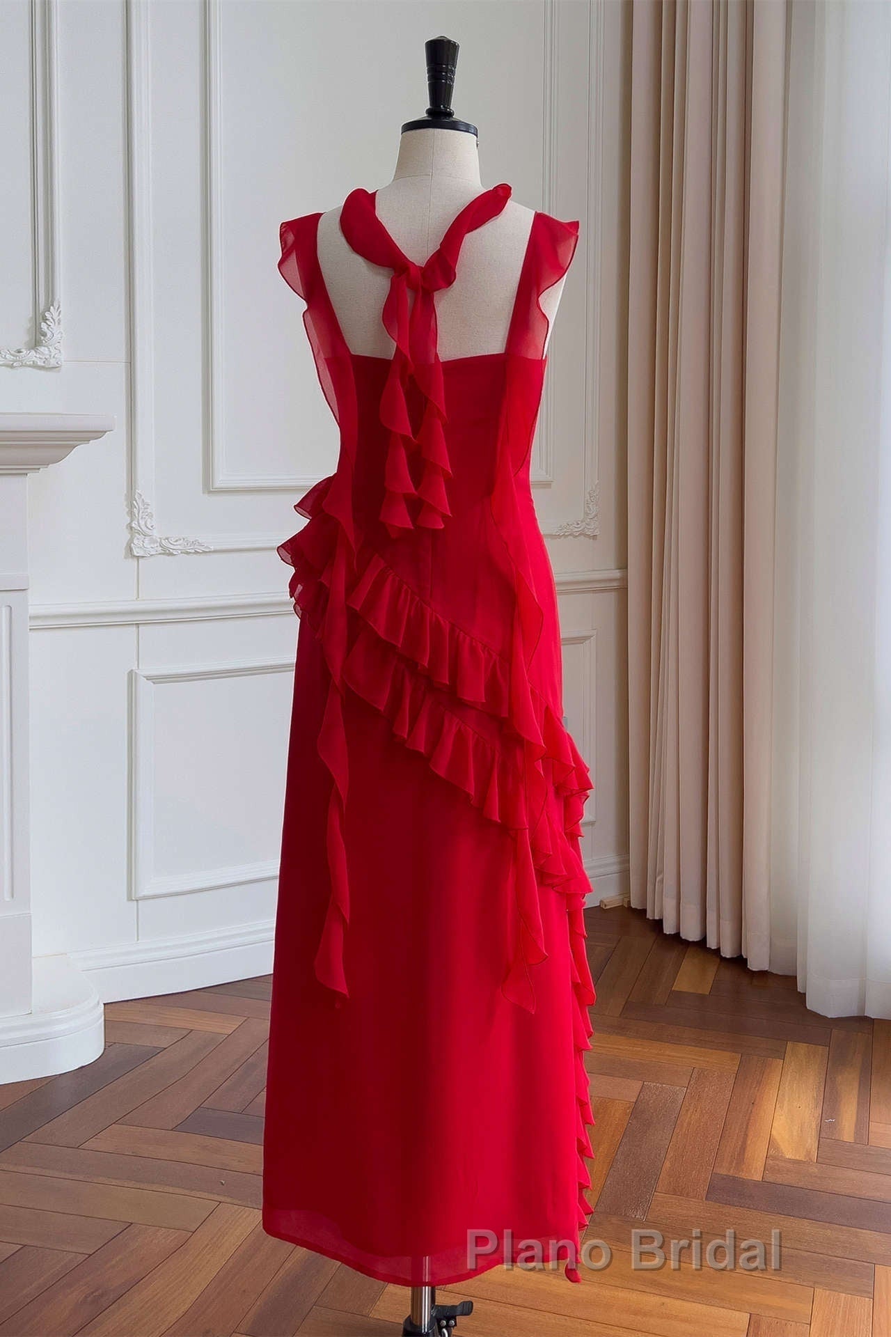 Square Neck Red Ruffle Chiffon Long Party Dresses