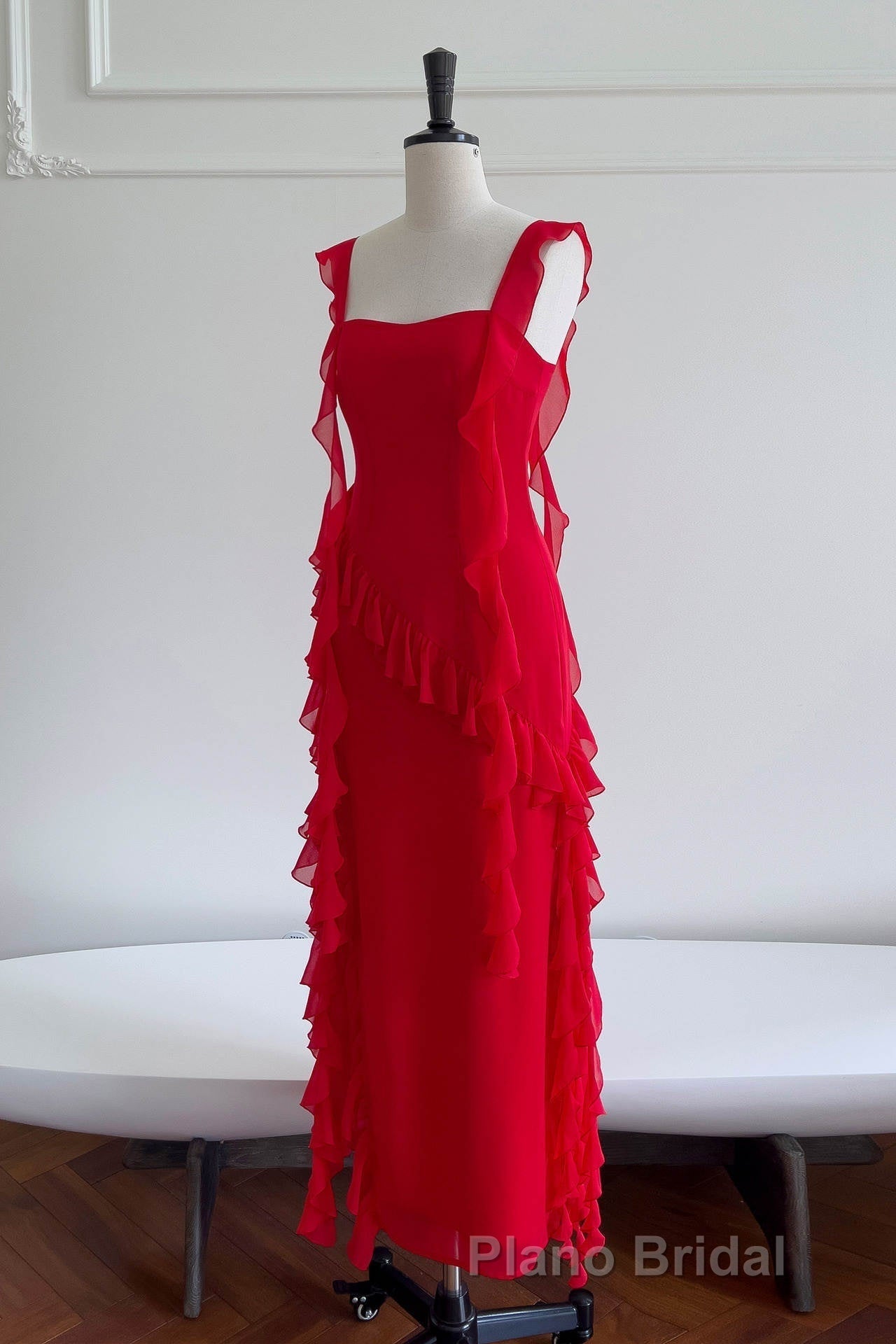 Square Neck Red Ruffle Chiffon Long Party Dresses