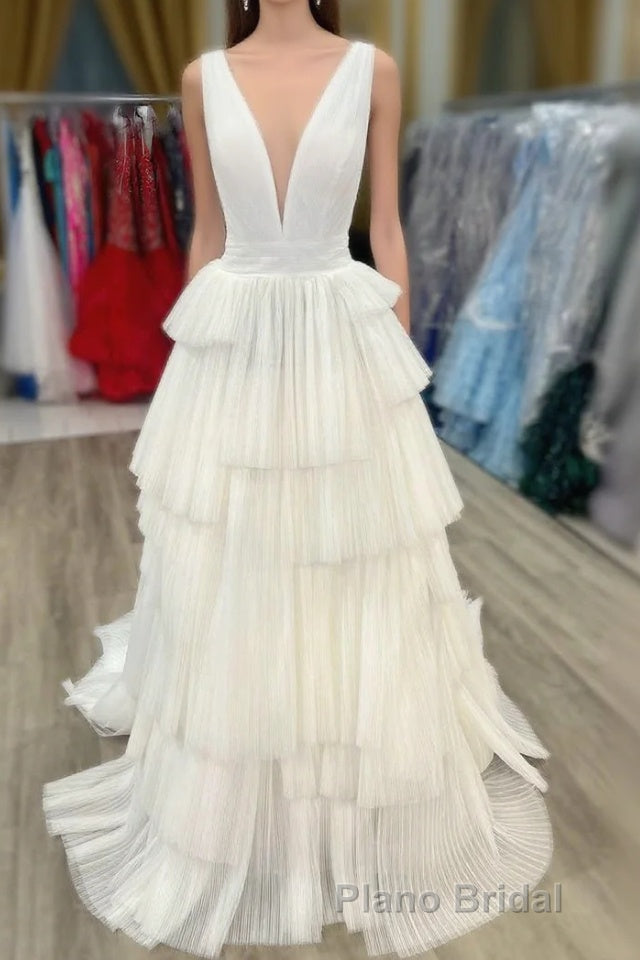 White V-Neck Pleated Layered Long Prom Dresses Main image