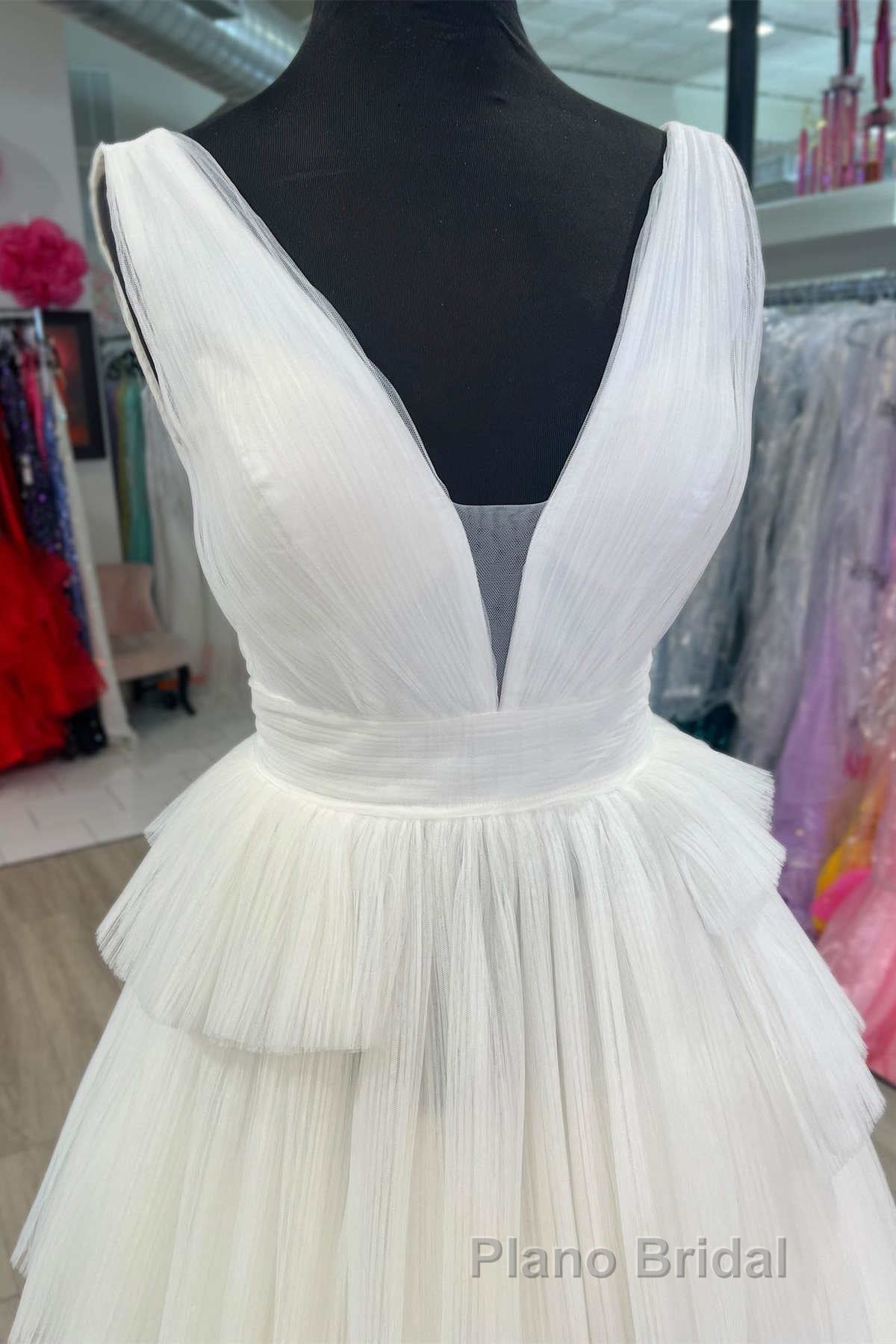 White V-Neck Pleated Layered Long Prom Dresses