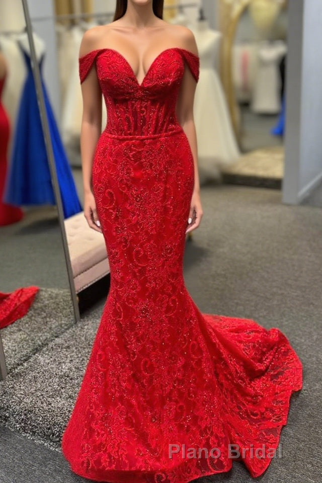 Off the Shoulder Red Sheer Lace Corset Mermaid Formal Prom Dresses Main image