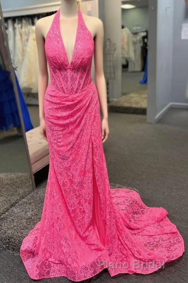 Halter Hot Pink Lace Ruched Mermaid Formal Prom Dresses Main image