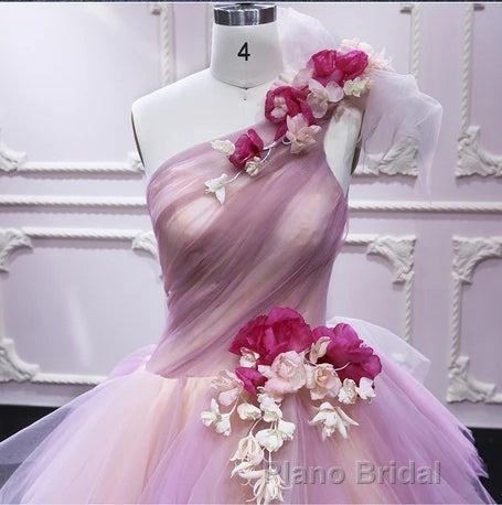 Puffy One Shoulder Sleeveless Tulle Formal Prom Dresses with Flowers, Ruffles Quinceanera Dresses
