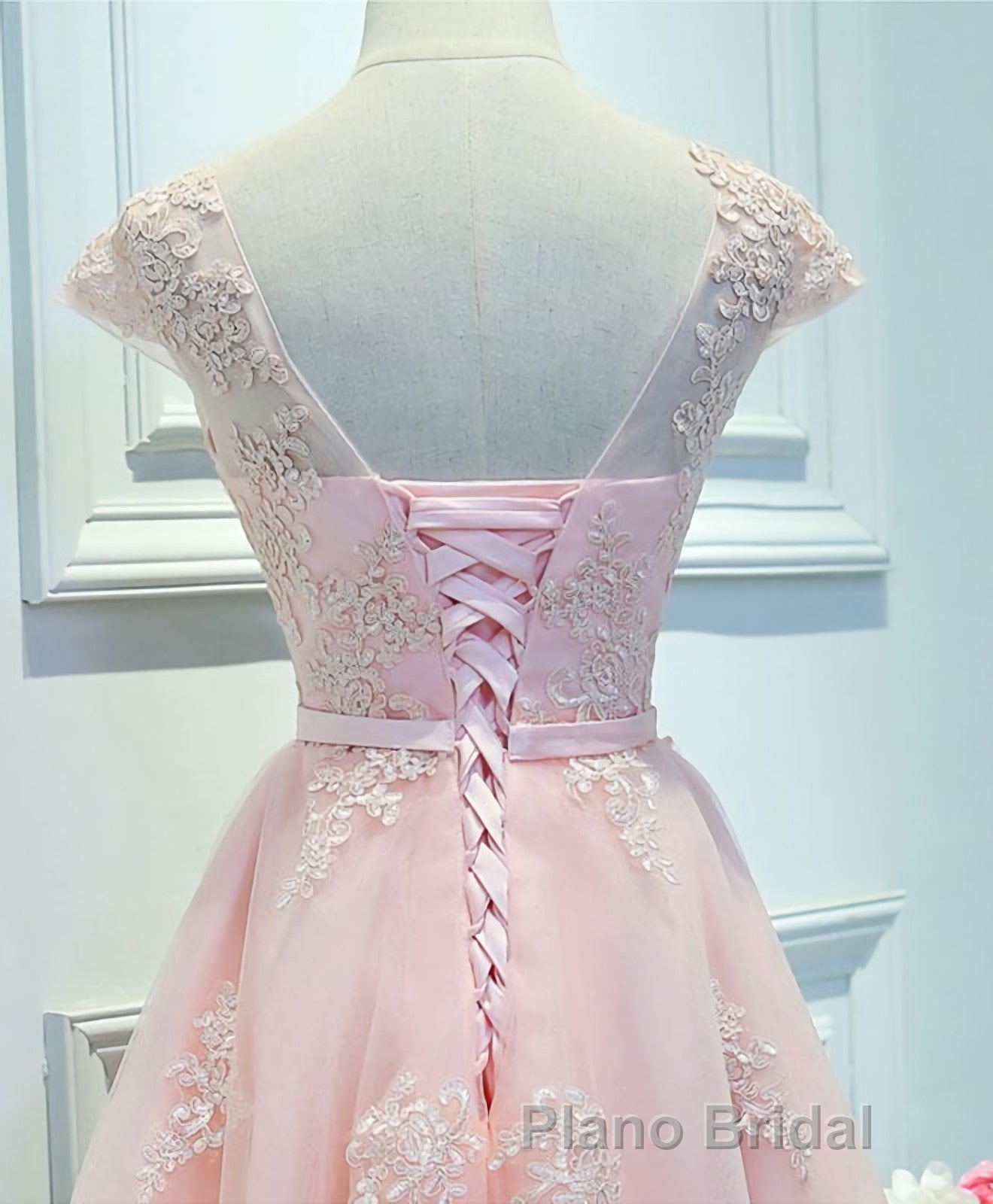Pink Lace Tulle Short Formal Prom Dresses, Pink Evening Dresses