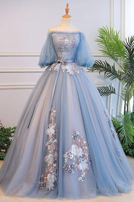 Unique Blue Tulle Lace Long Prom Dress, Blue Evening Dress Main image