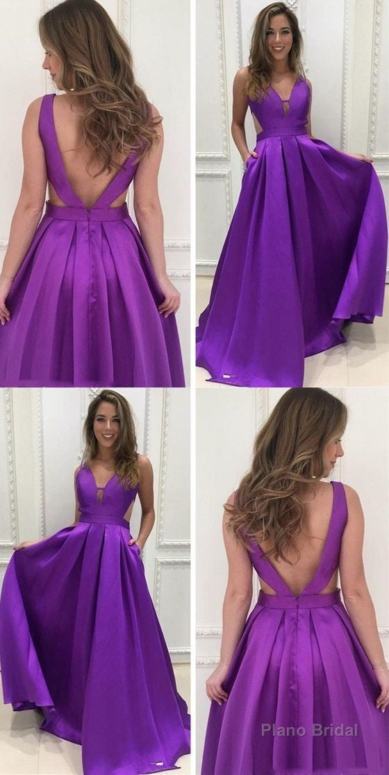 A Line Deep V Neck Backless Purple Satin Prom Dress With Pockets Main image