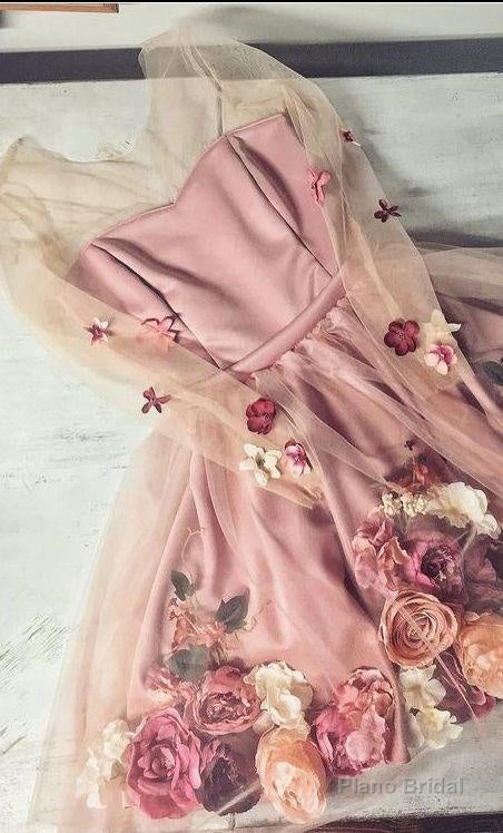 Chic A Line V Neck Hand Made Flower Homecoming Dresses, Unique Short Prom Dress, Long Sleeve Homecoming Dresses Main image