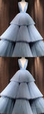 Blue V Neck Tulle Long Prom Dress, Blue Tulle Evening Dress