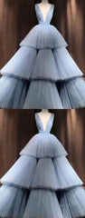 Blue V Neck Tulle Long Prom Dress, Blue Tulle Evening Dress