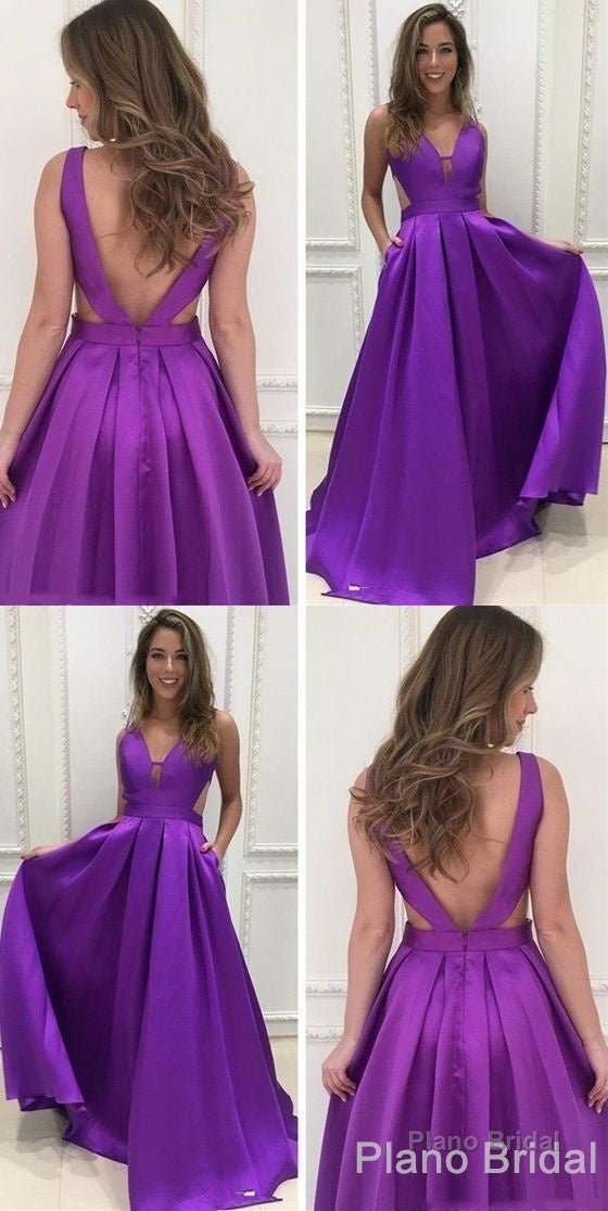 A Line Deep V Neck Backless Purple Satin Prom Dress With Pockets Secondary image