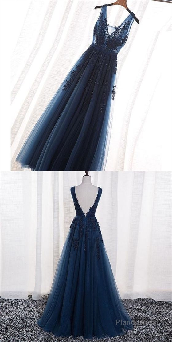 Elegant Navy Blue Prom Dress, Long Backless Prom Dress, Prom Dress With Appliques Main image