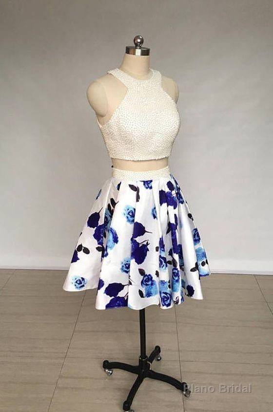 Two Piece Ivory Jewel Floral Print Satin Short Homecoming Dress With Pearls