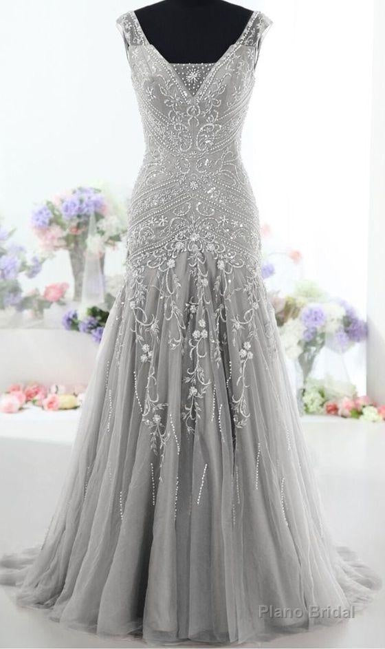 Silver Long Back Up Lace V Neck Beading Prom Dresses, Modest Prom Dresses, Charming Prom Dresses Main image