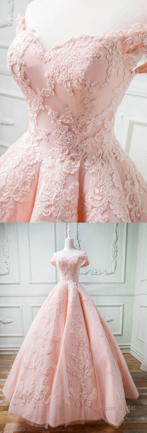 Sweetheart Off The Shoulder Tulle And Satin Ball Gowns Prom Dresses, Lace Appliques Main image