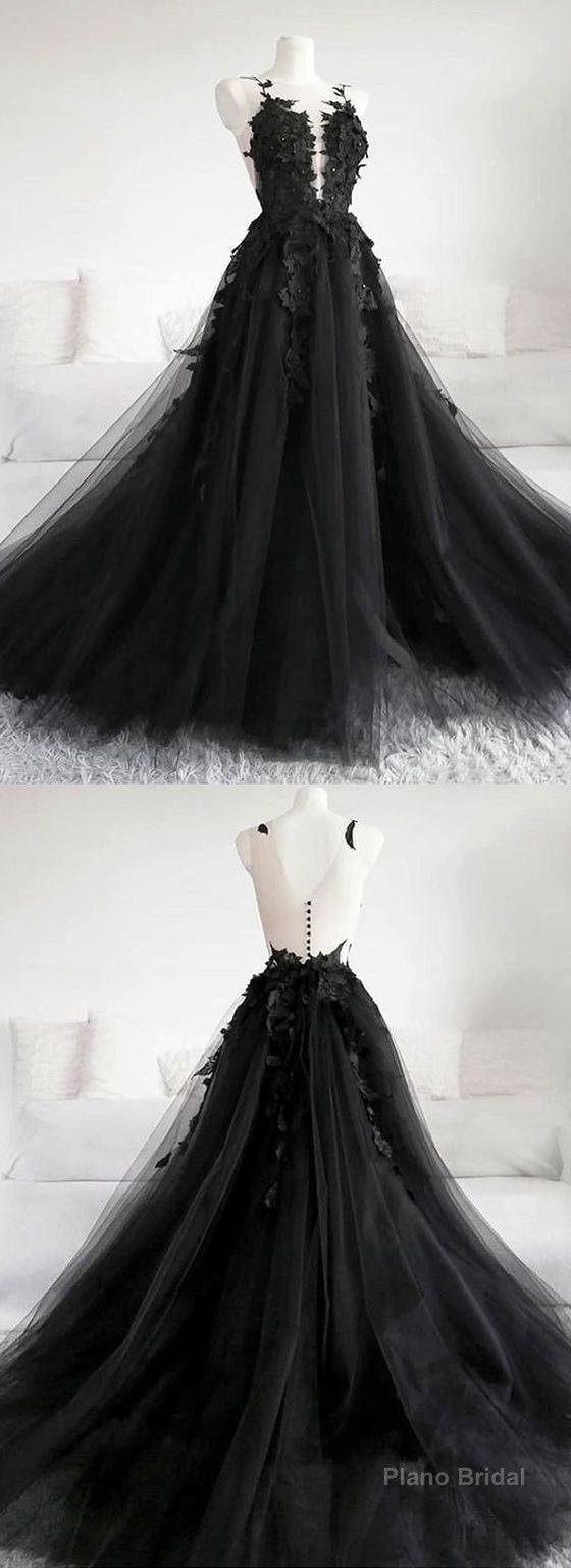 Black Tulle Applique Long Prom Dress, Black Evening Dress Main image
