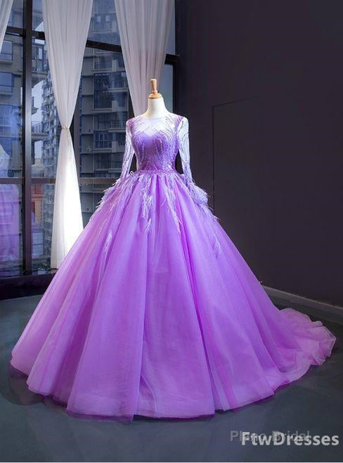 purple ball gown tulle long sleeve beading sequins luxury prom dress Main image