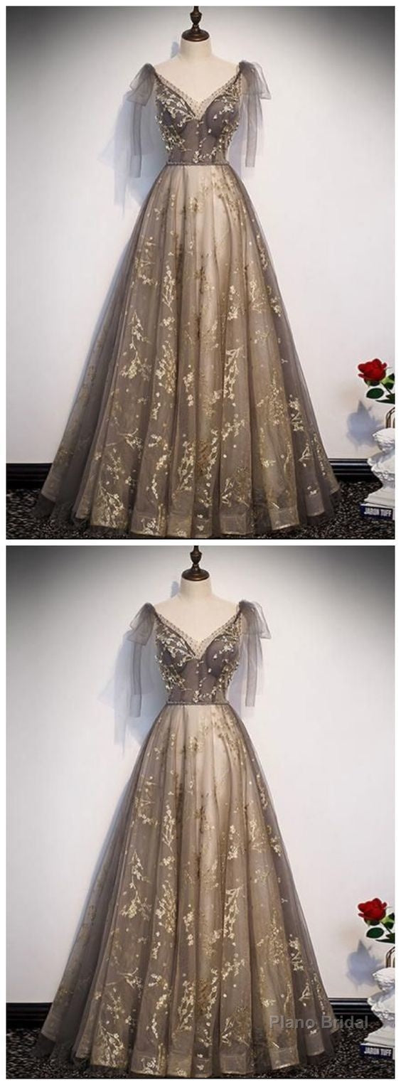 Elegant V Neck Gray Gold Tulle Lace Long Prom Dress, Tulle Formal Dress Main image