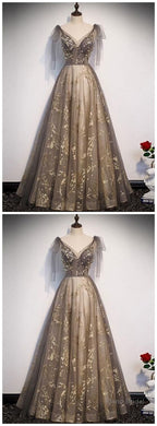 Elegant V Neck Gray Gold Tulle Lace Long Prom Dress, Tulle Formal Dress