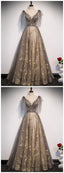 Elegant V Neck Gray Gold Tulle Lace Long Prom Dress, Tulle Formal Dress
