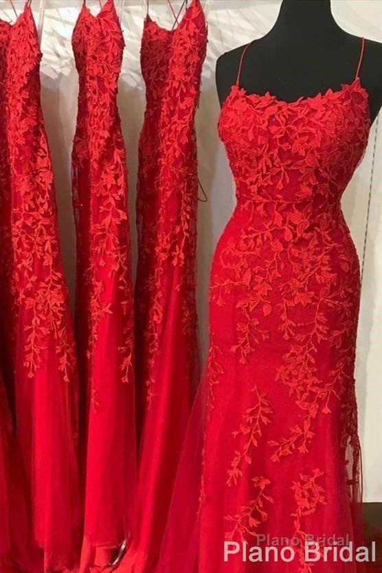 Red Lace Prom Dresses, Mermaid Long Prom Dresses, Cheap Evening Party Dresses, For Women Secondary image