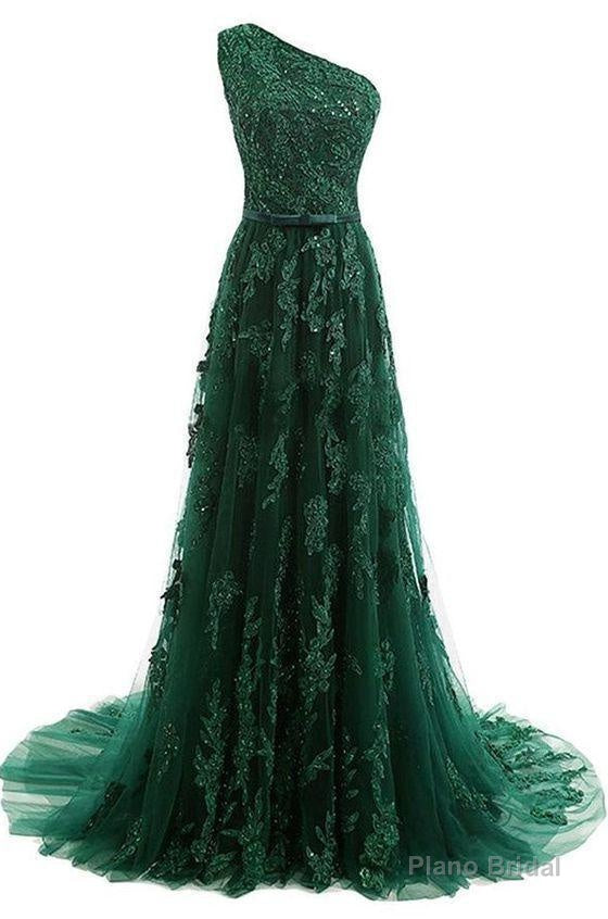 A Line One Shoulder Sweep Train Dark Green Tulle Prom Dress With Appliques Beading Main image