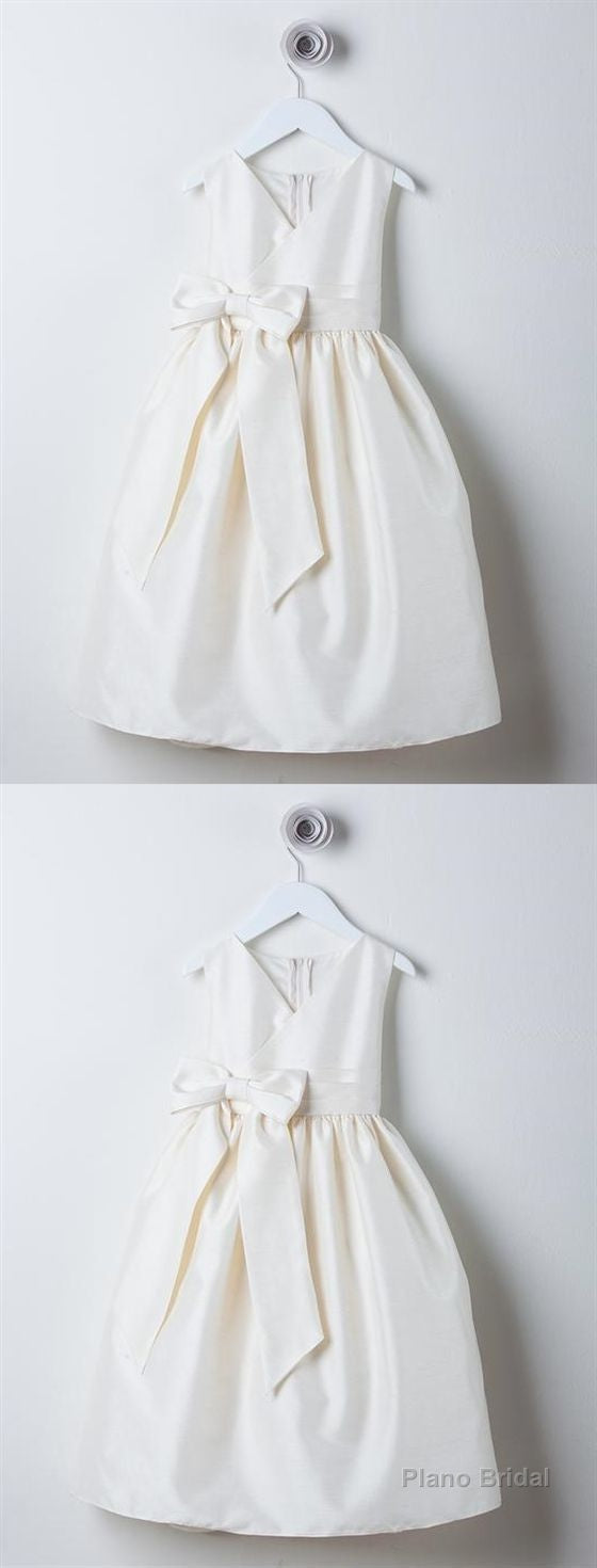 Simple Ivory V Neck Sleeveless A Line Satin Flower Girl Dresses With Bowknot
