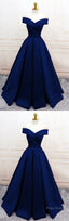 Navy Blue Satin V Neck Off Shoulder Prom Dresses, Long Evening Gowns