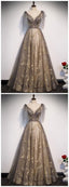 Elegant V Neck Gray Gold Tulle Lace Long Prom Dress, Tulle Formal Dress