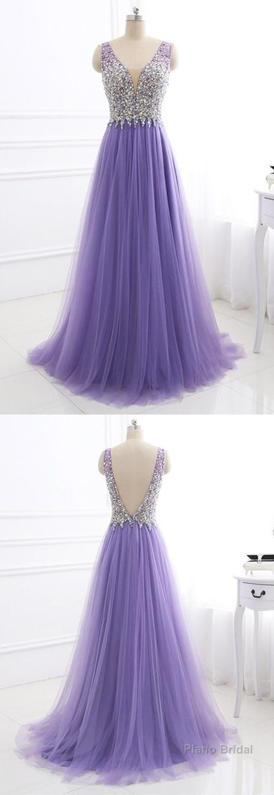 Purple Tulle V Neck Silver Beaded Long Evening Dress, Purple Halter Prom Dress Main image