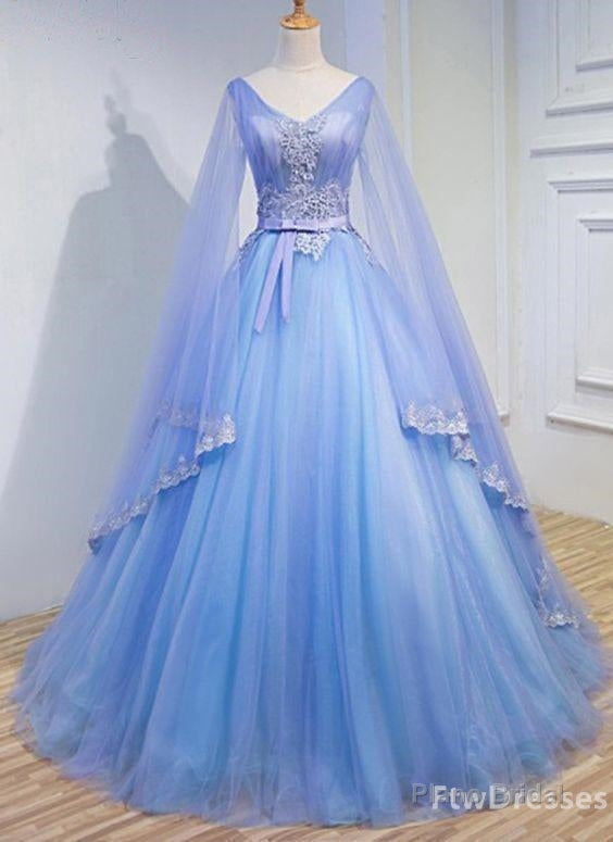 light blue tulle v neck long sleeve lace applique prom dress for teen Main image