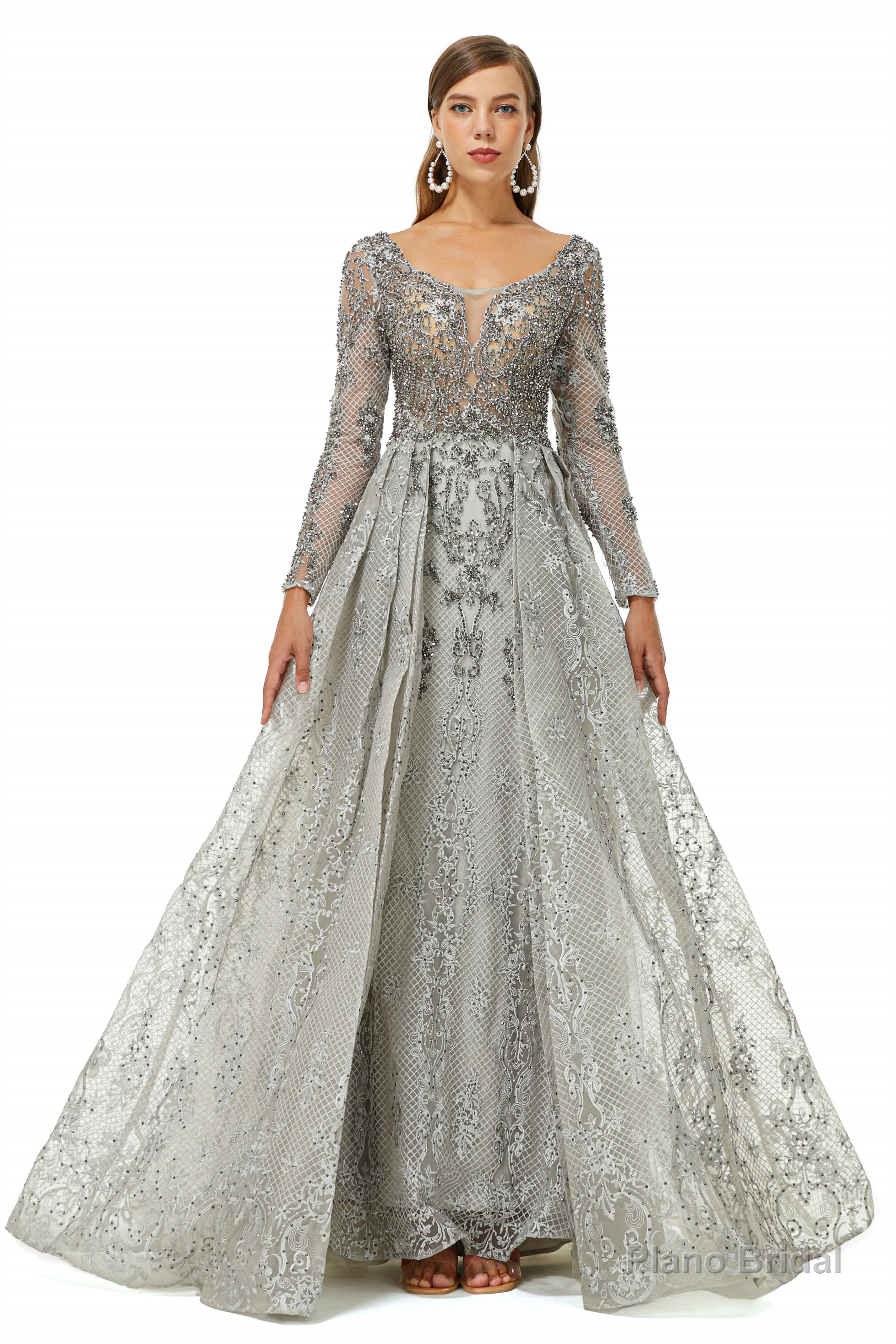 Tulle Long Sleeve Appliques Beading Prom Dresses
