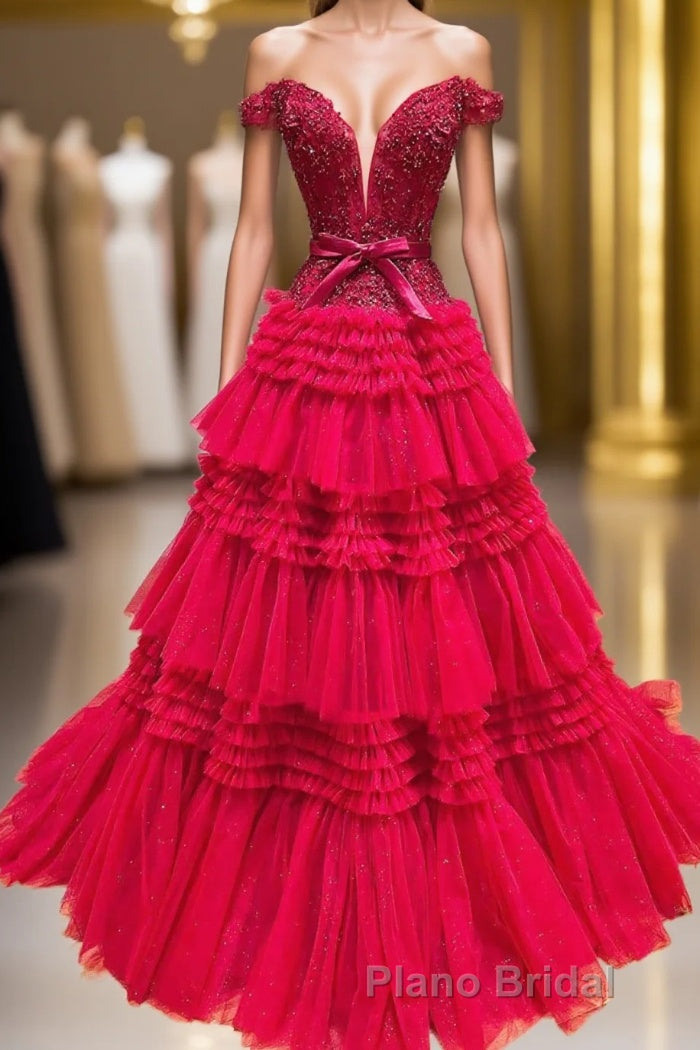 Off the Shoulder Red Appliques Tiered Long Prom Dresses Main image