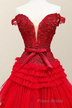 Off the Shoulder Red Appliques Tiered Long Prom Dresses