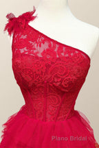 One Shoulder Lace and Tulle Tiered Ruffle Formal Prom Dresses
