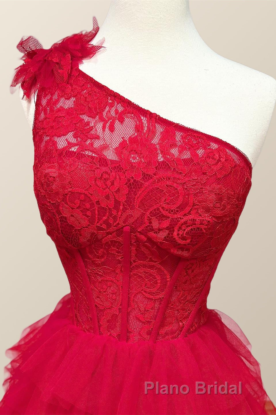 One Shoulder Lace and Tulle Tiered Ruffle Formal Prom Dresses