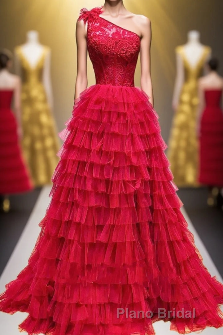 One Shoulder Lace and Tulle Tiered Ruffle Formal Prom Dresses