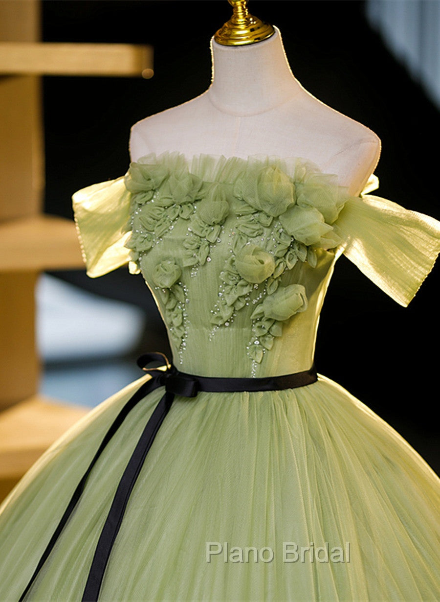 Geen Tulle A-line Formal Prom Dresses with FLowers, Off  Shoulder Tulle Party Dresses Secondary image