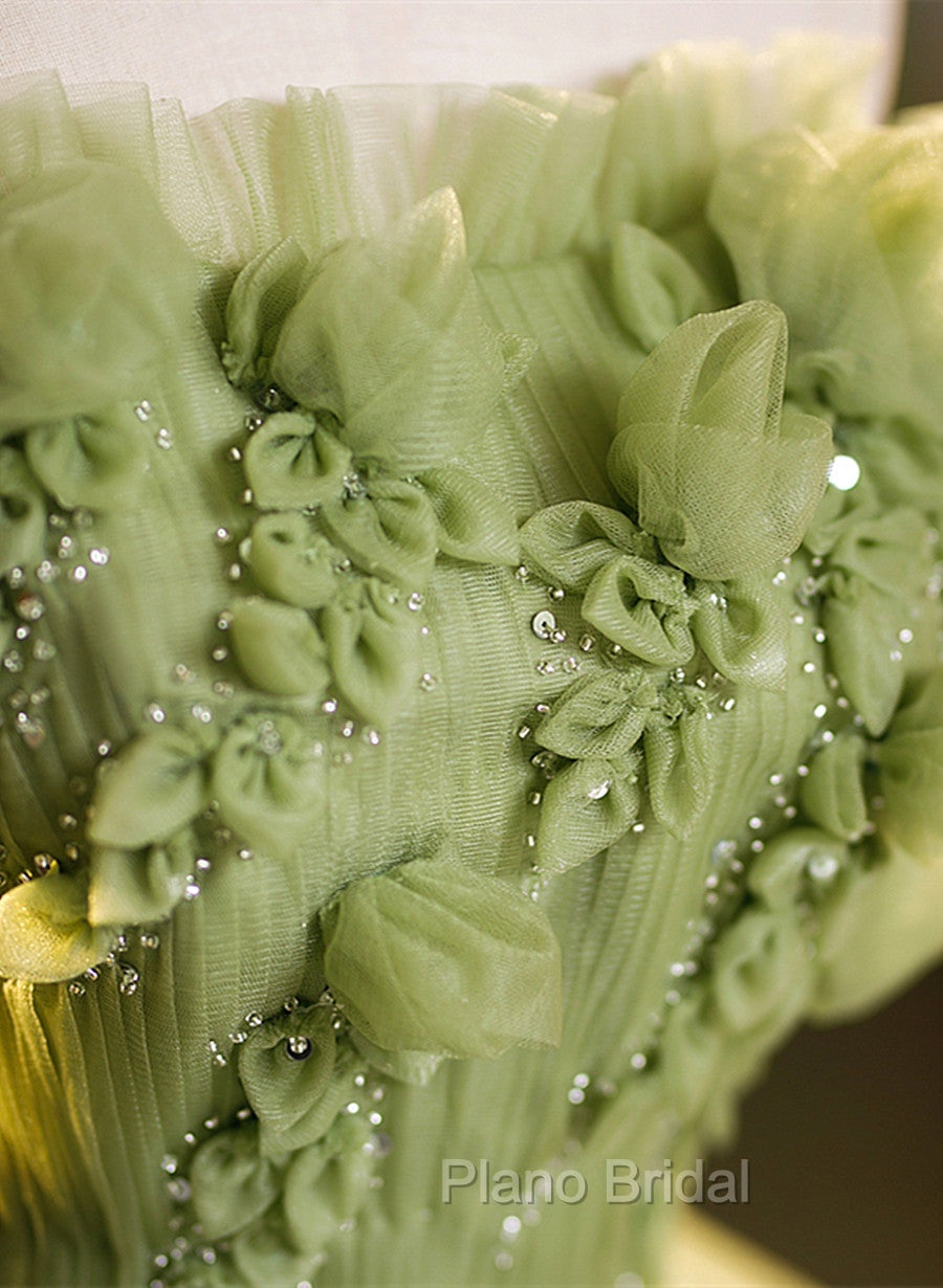 Geen Tulle A-line Formal Prom Dresses with FLowers, Off  Shoulder Tulle Party Dresses