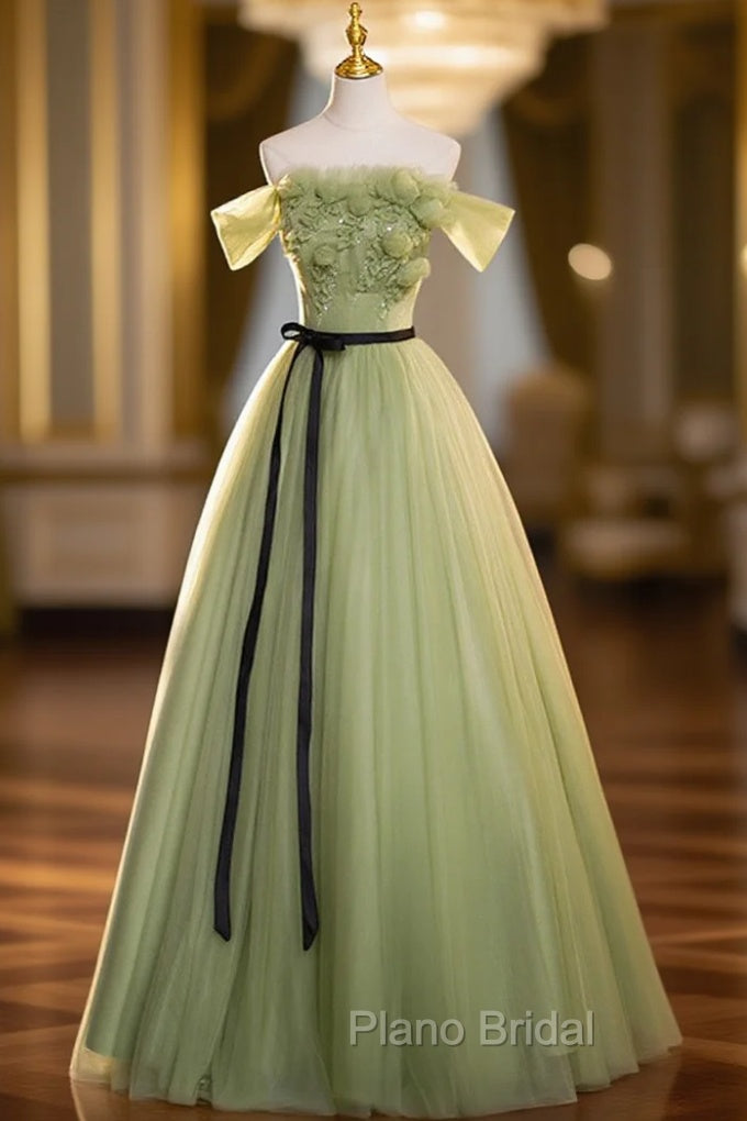 Geen Tulle A-line Formal Prom Dresses with FLowers, Off  Shoulder Tulle Party Dresses