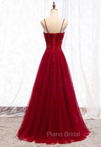 Gemgrace Burgundy Formal Prom Dresses, Long Tulle Formal Dresses With Straps