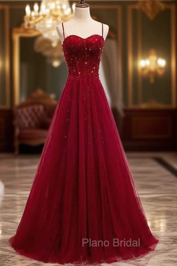 Gemgrace Burgundy Formal Prom Dresses, Long Tulle Formal Dresses With Straps Main image
