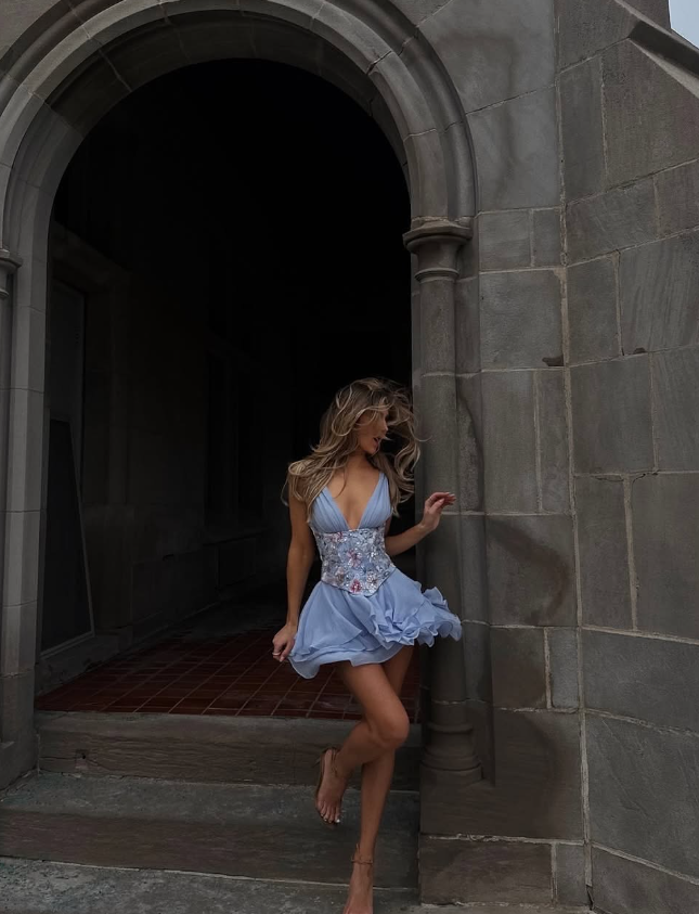Gentle A Line V Neck Embroidery Satin Layered Blue Chiffon Homecoming Dresses Birthday Dresses Secondary image