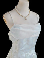 Gentle Blue A-Line Spaghetti Strap Satin Chiffon Long Formal Prom Dresses Birthday Dresses Graduation Formal Prom Dresses