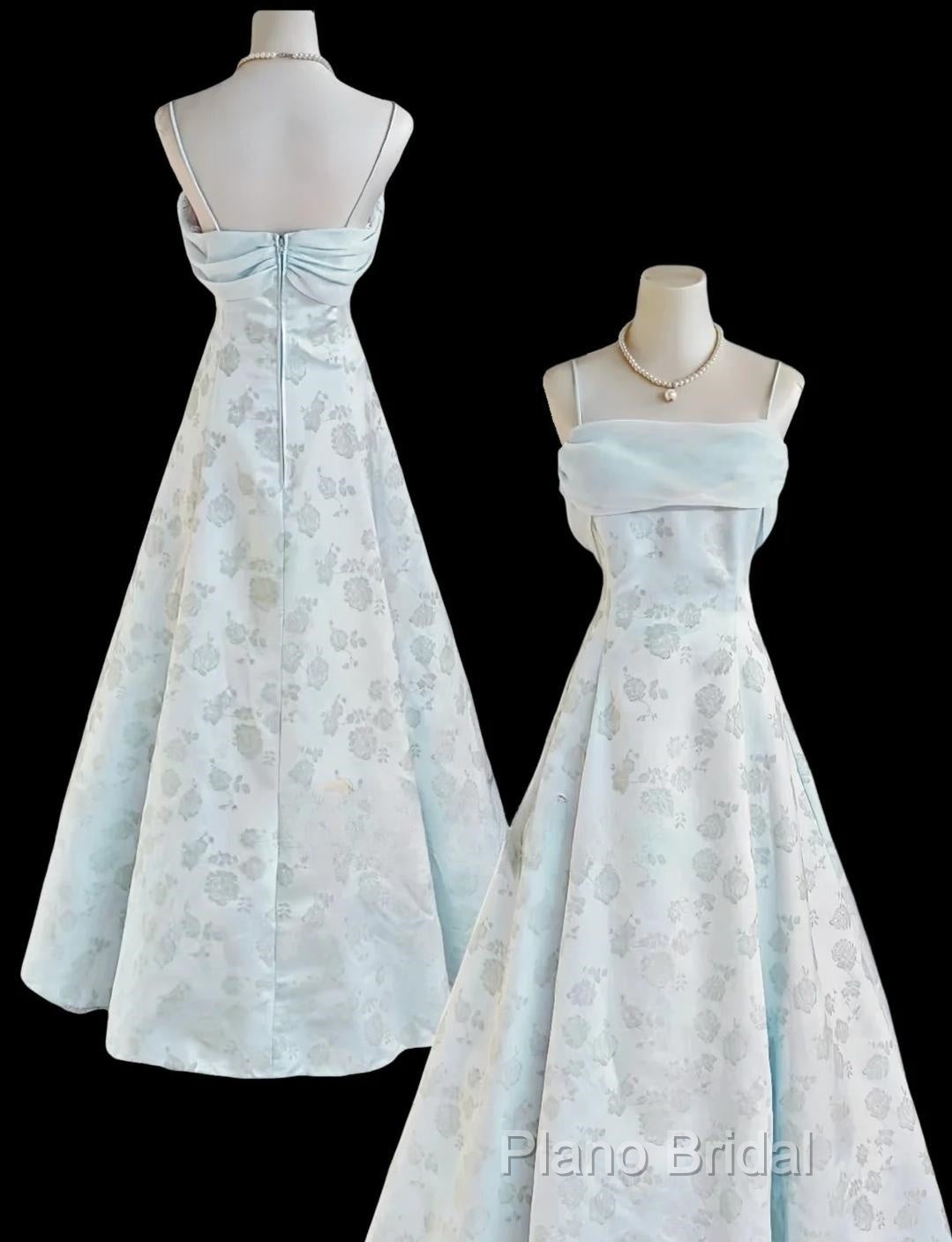 Gentle Blue A-Line Spaghetti Strap Satin Chiffon Long Formal Prom Dresses Birthday Dresses Graduation Formal Prom Dresses