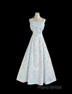 Gentle Blue A-Line Spaghetti Strap Satin Chiffon Long Formal Prom Dresses Birthday Dresses Graduation Formal Prom Dresses