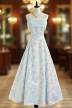 Gentle Blue A-Line Spaghetti Strap Satin Chiffon Long Formal Prom Dresses Birthday Dresses Graduation Formal Prom Dresses