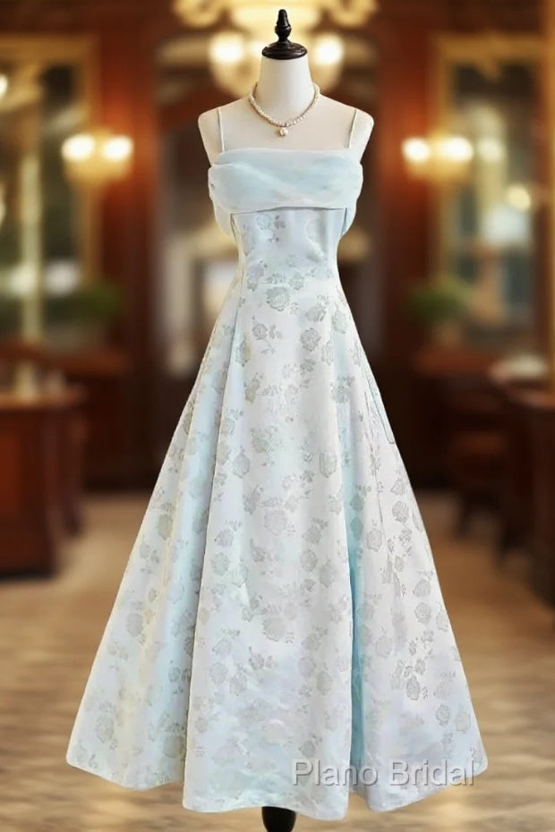 Gentle Blue A-Line Spaghetti Strap Satin Chiffon Long Formal Prom Dresses Birthday Dresses Graduation Formal Prom Dresses