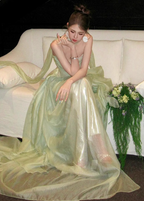 Gentle Light Green A-Line Strapless Layered Ruffled Tulle Train Formal Prom Dresses