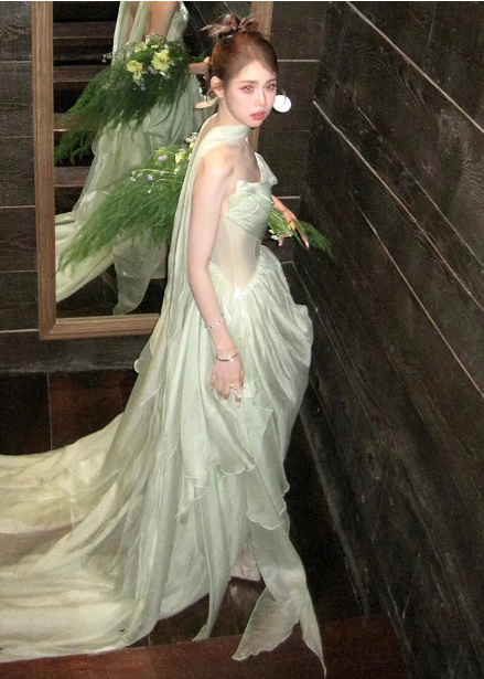 Gentle Light Green A-Line Strapless Layered Ruffled Tulle Train Formal Prom Dresses