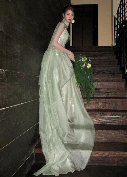 Gentle Light Green A-Line Strapless Layered Ruffled Tulle Train Formal Prom Dresses